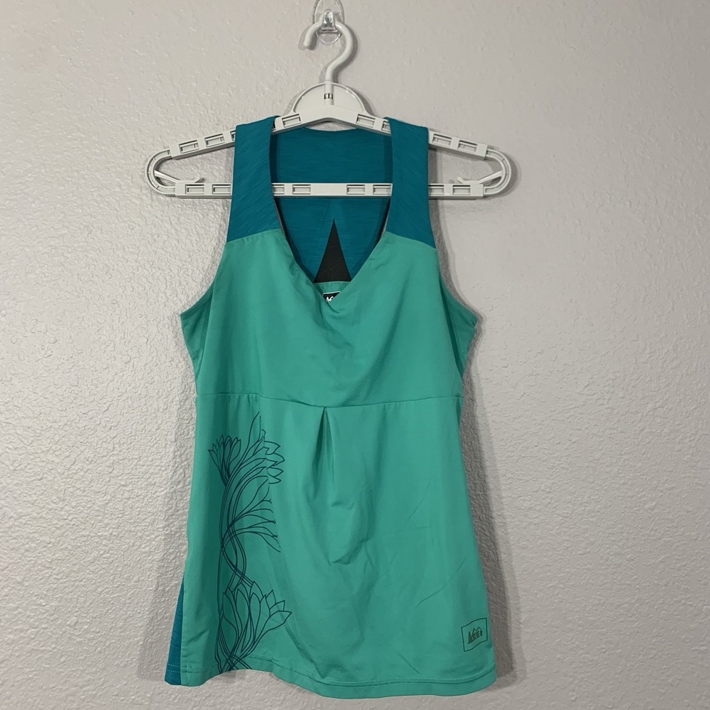 REI Women's Teal Blue Floral Scoop Neck Racer‎ Back Tank Top Athletic Size XXS